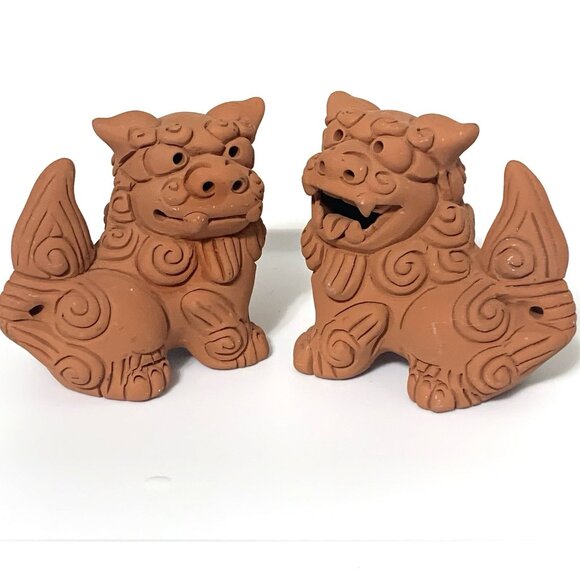 Other - Set of 2 Okinawan Shisa Foo Dog Guardian Lions Figurines Terra Cotta Clay 3.5"